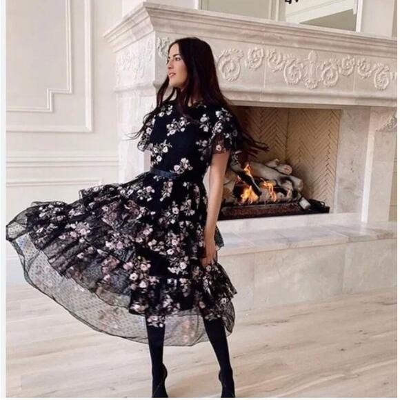 EUC Rachel Parcell Black Floral Embroidered Tiered Mesh Dress - Picture 1 of 5